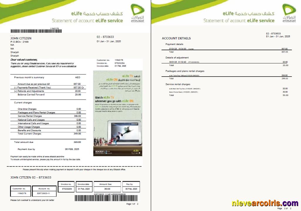 UAE Etisalat utility bill, 2 pages, version 2